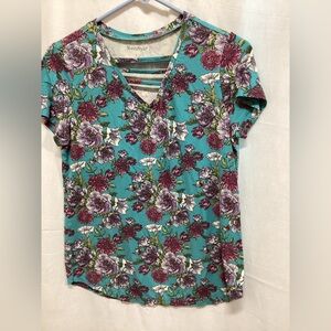NorthStyle Teal and Purple Floral Short Sleeve Top